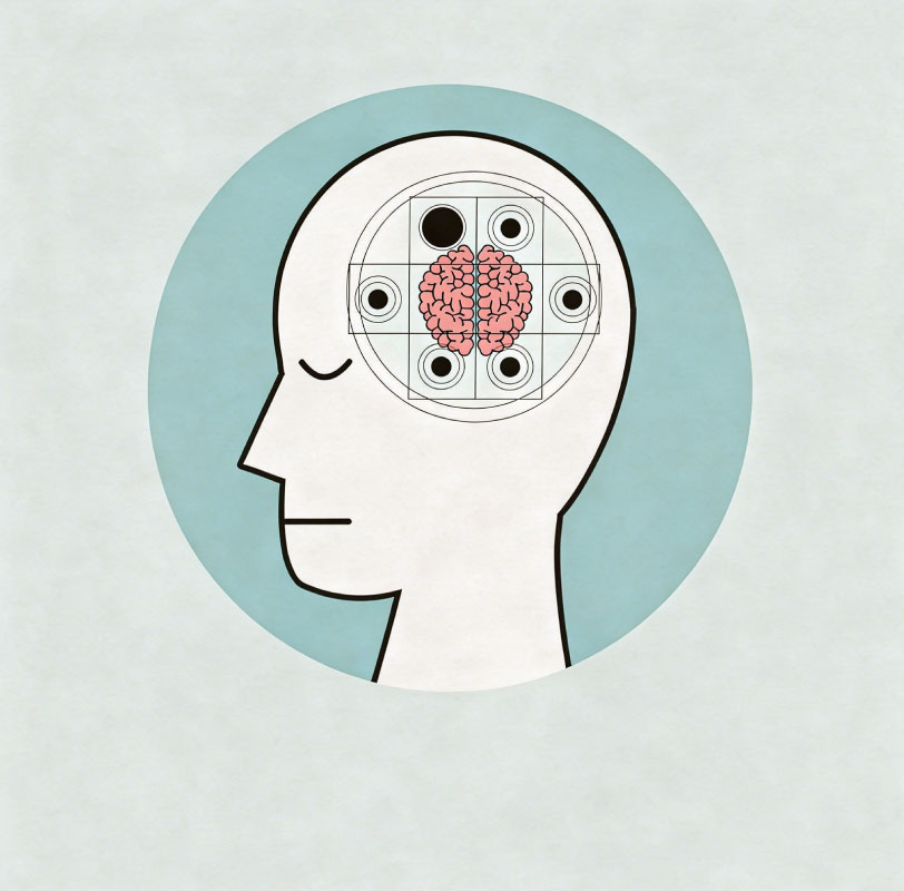 Ilustración de ejercicio de atención N-Back con cuadrícula y puntos para entrenar memoria de trabajo y concentración en Atención Consciente.