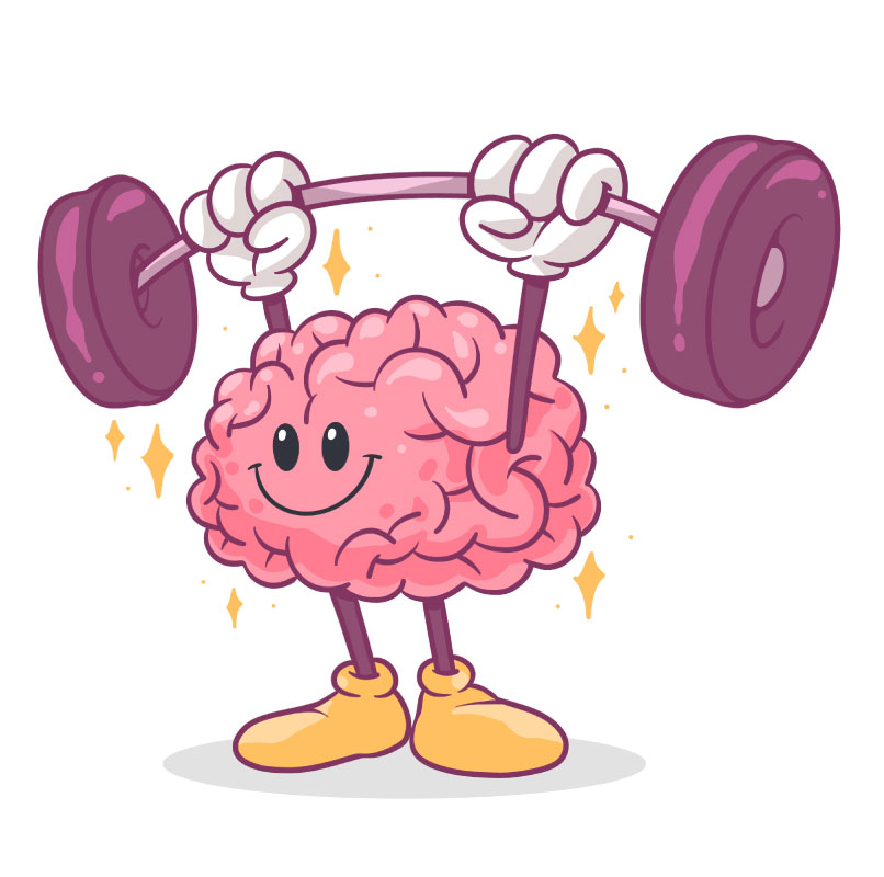 Ilustración de un cerebro levantando pesas que representa el entrenamiento de la atención, el enfoque y la memoria de forma consciente.