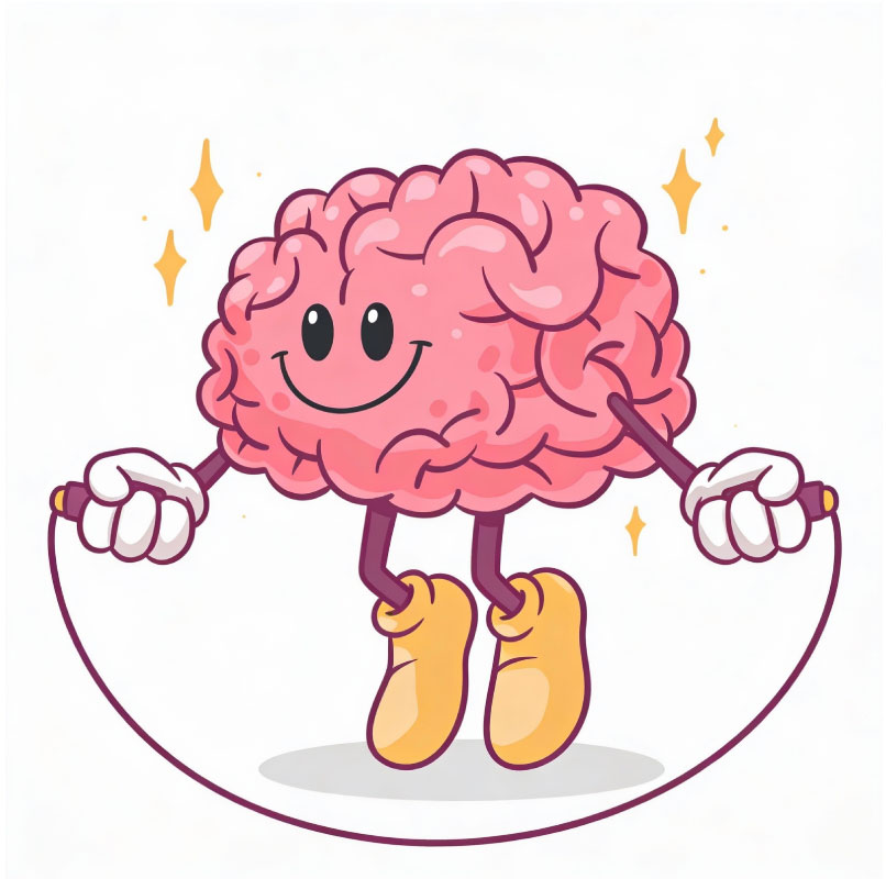 Ilustración de un cerebro sonriente saltando la cuerda, símbolo del Gimnasio de la Atención y el entrenamiento de atención y memoria.