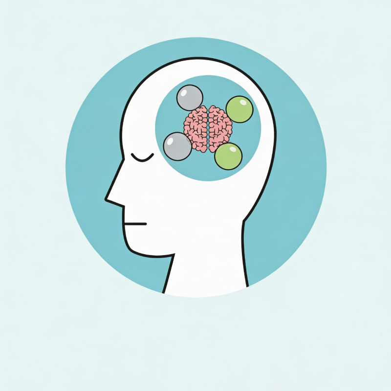 Ilustración de una cabeza con un cerebro y señales circulares que representan el test de atención de 3 minutos en Atención Consciente