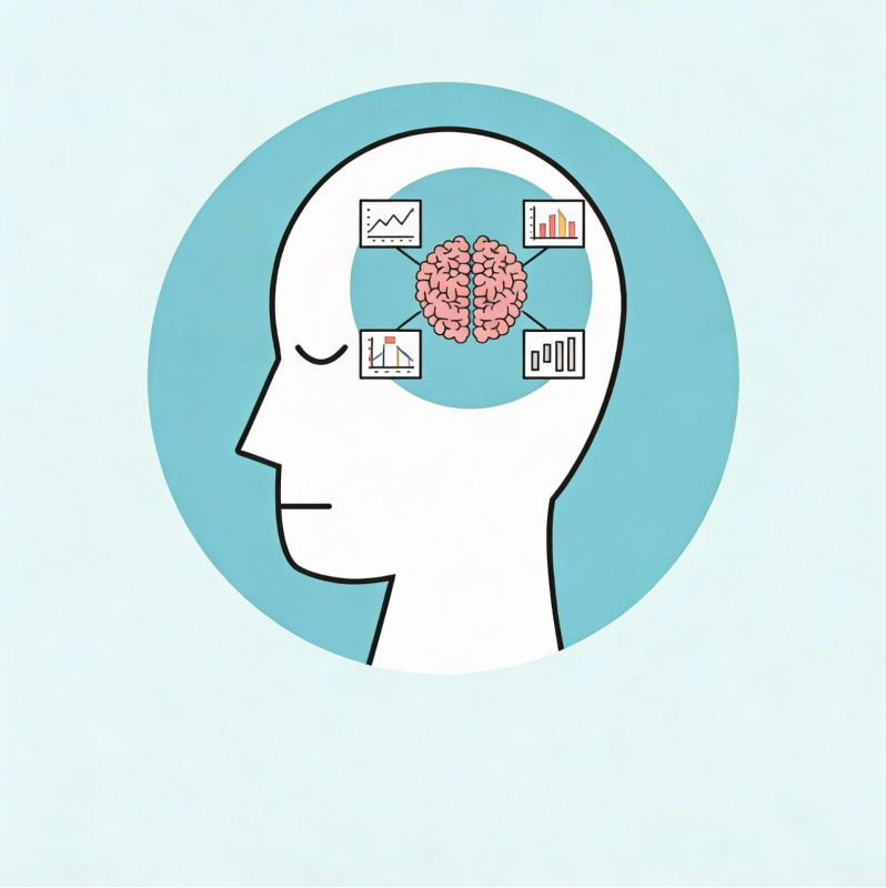 Ilustración de cerebro con gráficos de datos para entrenar pensamiento crítico y distinguir correlación vs causalidad (causa falsa y tercer factor)
